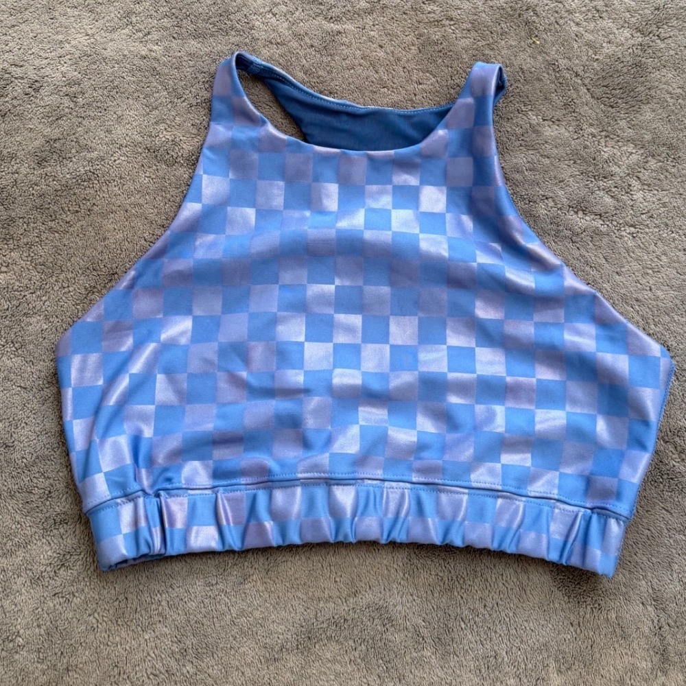 Peloton Sports Bra Women Large Blue NWOT Checkered Metallic Racerback P0013467 - Picture 2 of 7